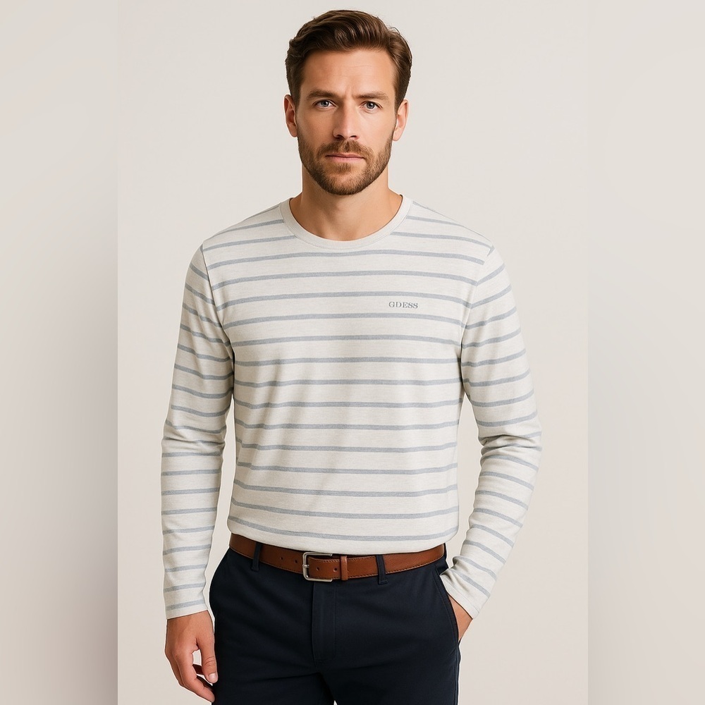 Guess Mens Striped Long Sleeve Shirt Gray White Preppy Coastal Nautical Linen XL